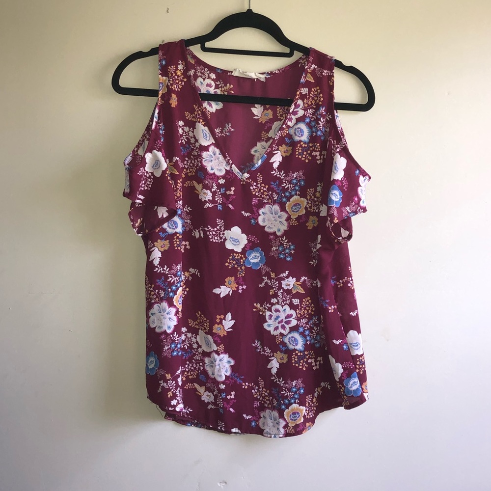 Burgundy floral cold shoulder blouse